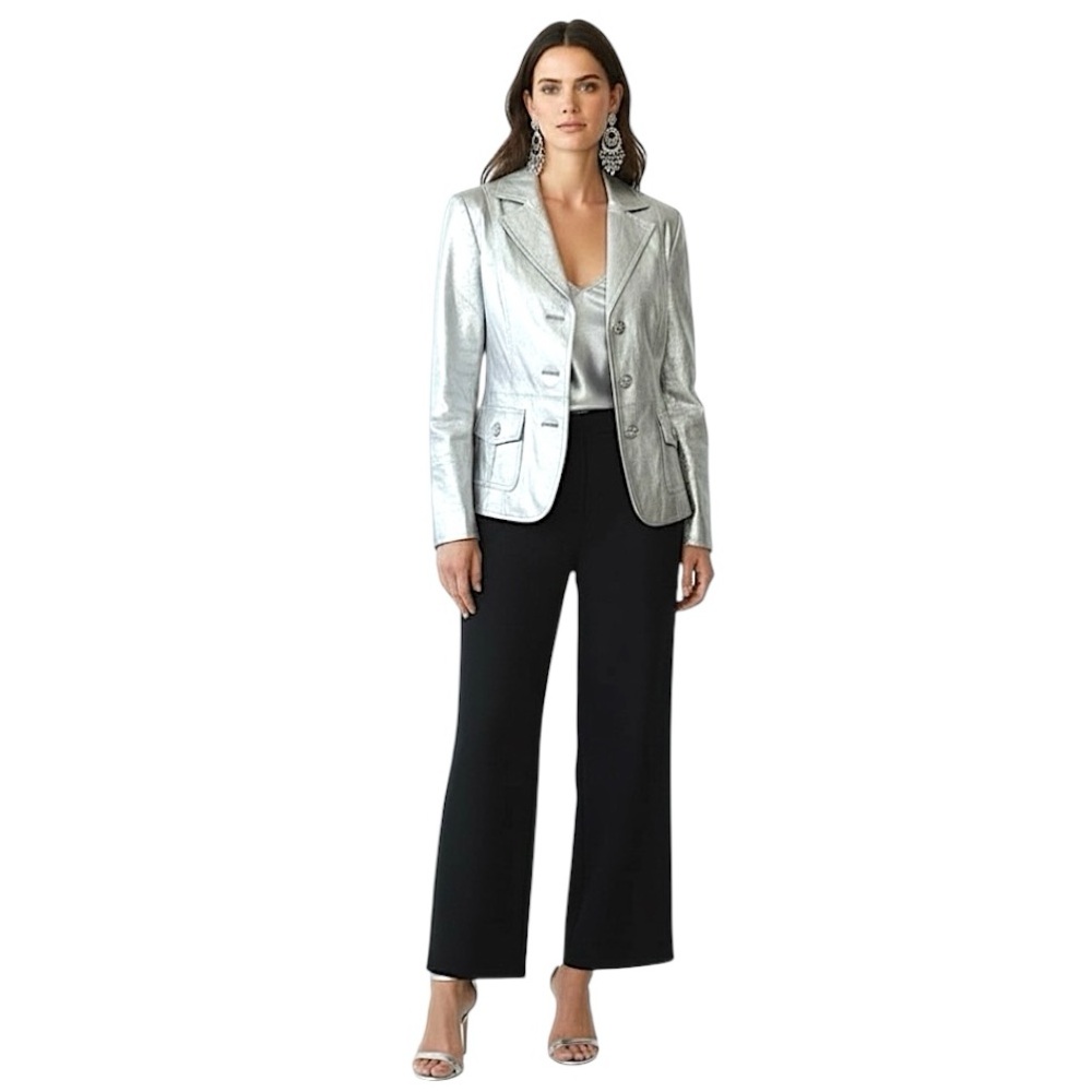 BRADLEY Elegant Silver Metallic Leather Oversize Rhinestone Buttons Jacket M